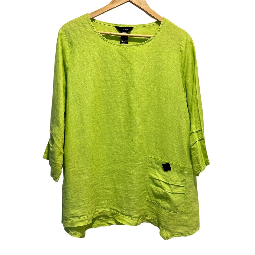 Ali Miles Linen Tunic‎ Top Womens Large Lime Green 3/4 Sleeve Lagenlook Boho